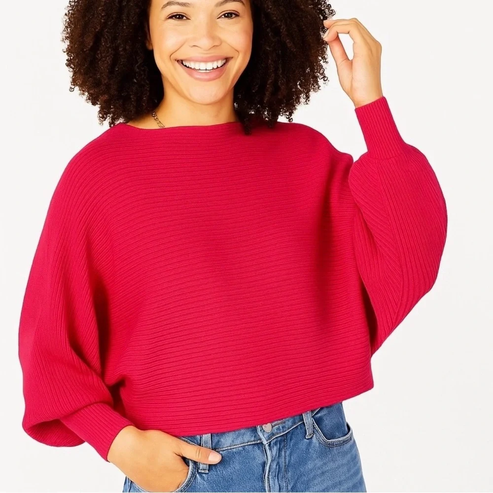 Altard State Sweater Cropped Ribbed Knit Batwing Pink Fuscia women's medium